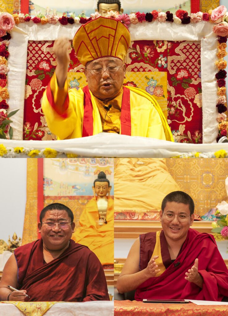 Voorkant sanghakaart Jewel Heart met foto's van Gelek Rimpoche, Chungtsang Rinpoche en Demo Rinpoche